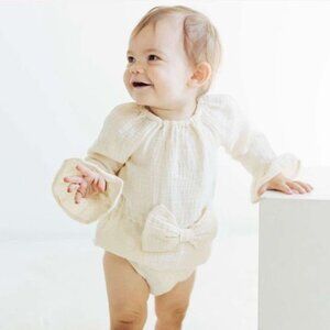Grayson Collective Baby Girls' Woven Bow Bubble Romper, Cream, Size 18 Month.